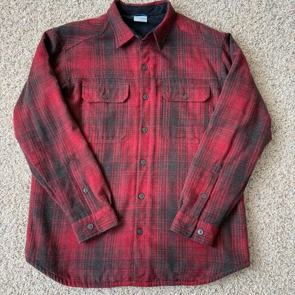 Columbia Jacket Men Large Shacket Sherpa Lined Wool Blend Flannel Plaid Red Blk - Picture 8 of 14